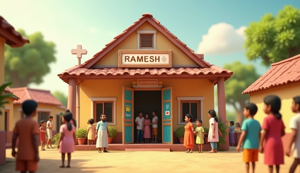 In 3D animation style:*A small, newly built village hospital**, with a simple signboard and villagers visiting for treatment, showing Ramesh's impact on the community.