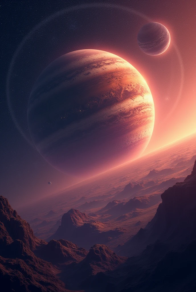 「A magnificent cloudless space、A giant planet with multiple moons orbiting it。Countless stars in the background々Shines。Like a sunrise or sunset、Part of the planet is illuminated、Soft orange and purple hues fill the sky。A view of countless stars flying towards you。Overall, the space scenery is fantastic and beautiful.。