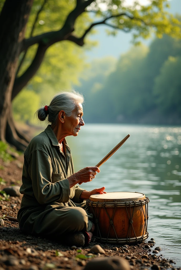(best quality, masterpiece, ultra detailed, ultra high res, photorealistic, raw photo, absurdres, absolutely resolution), An old woman playing drums by the river