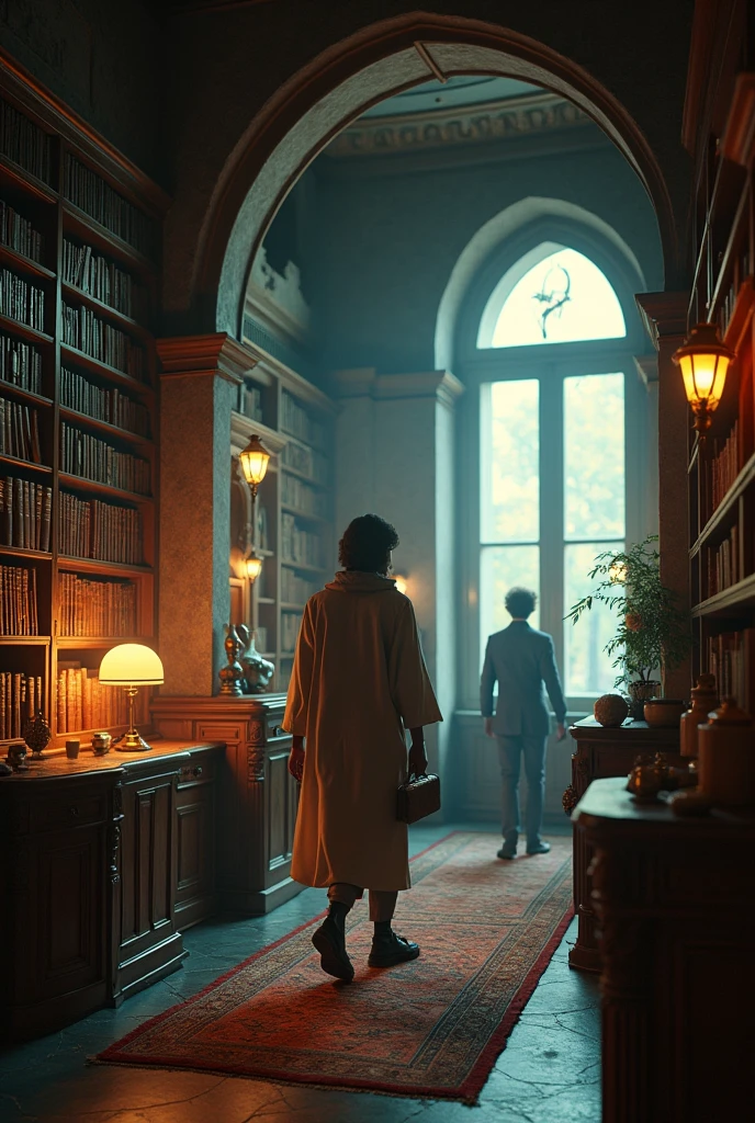 Vintage style. roam with book shelf and with light. The year is 2058