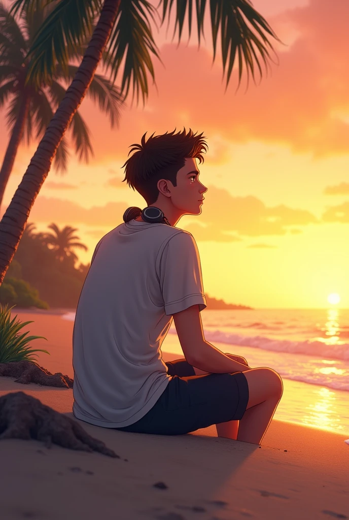A young man sitting on the beach watching the sunrise with headphones and wiping away tears 