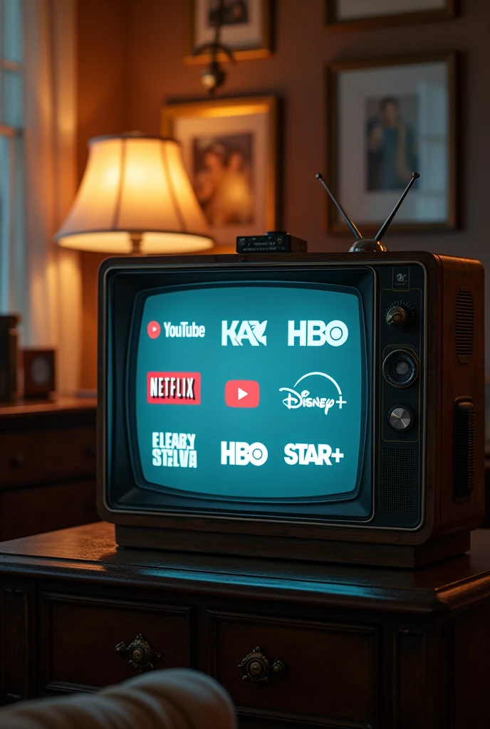 an old tv with netflix logos, you tube, Disney plus, HBO, star plus. put a decoder on the side