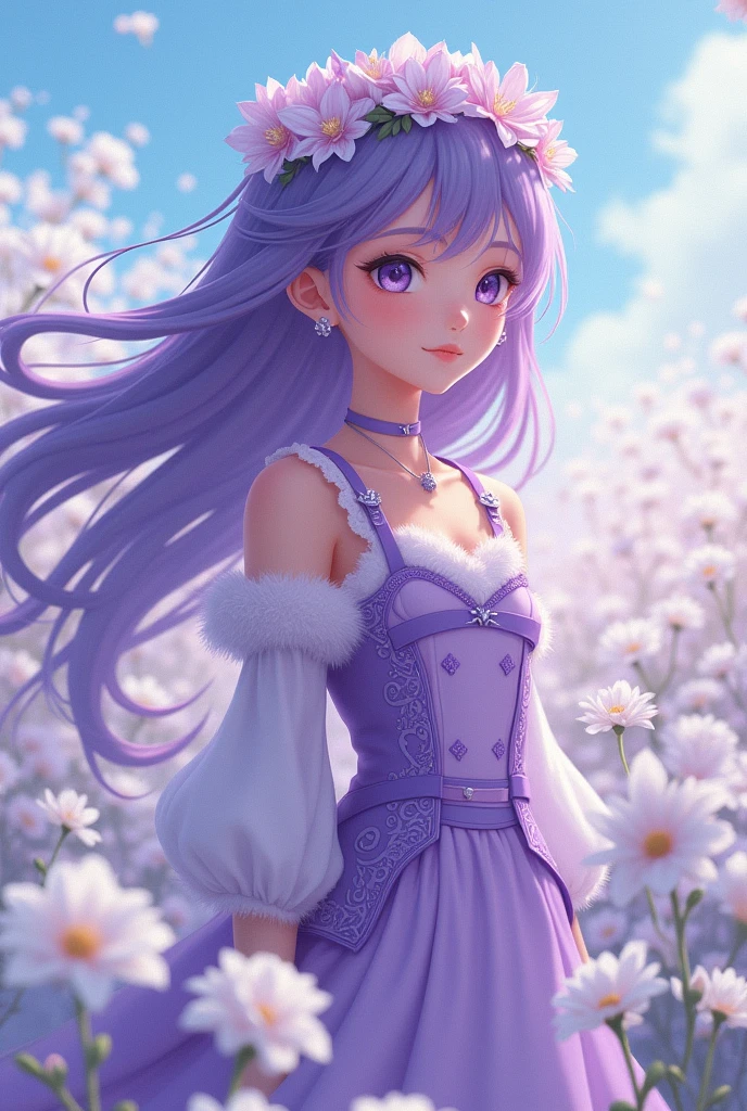 A girl with long purple hair,  A crown of flowers, dark purple slanted eyes, Light purple vest style with purple details and fluffy, smiling in a field of white flowers, anime style