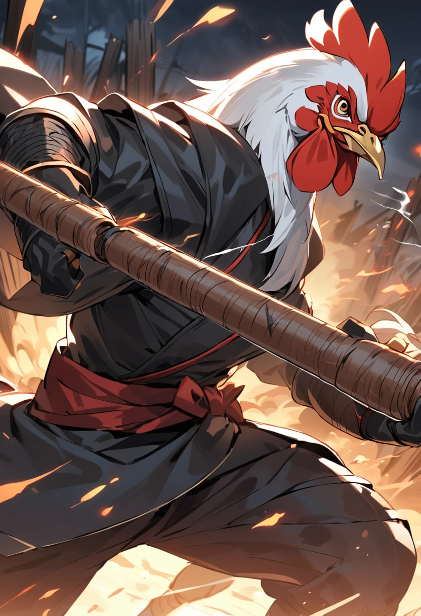 A rooster, with a non-humanoid form, with several battle scars, wearing ninja clothes, smoking a cigarette with a long wooden holder, in a fighting pose, during a mission at night