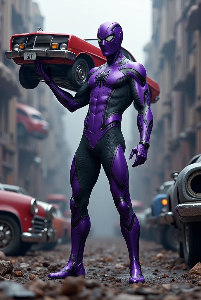 magneto merged with spiderman, purple suit, in a scrapyard, bent cars floating around, the character is holding a car mid air with a metalic web