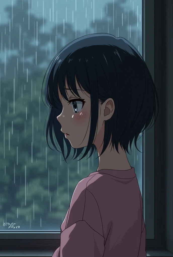 Light skinned girl with short black hair covering one eye looking out the window sadly on a heavy rainy day wearing pink sweater, sobbing