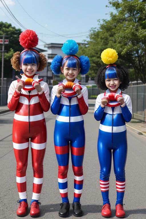 Three girls kindergarten clown Rubber suit hair color: blue(1.1) Circus hut Japanese 赤と青のclownスーツ 二股のclownの帽子