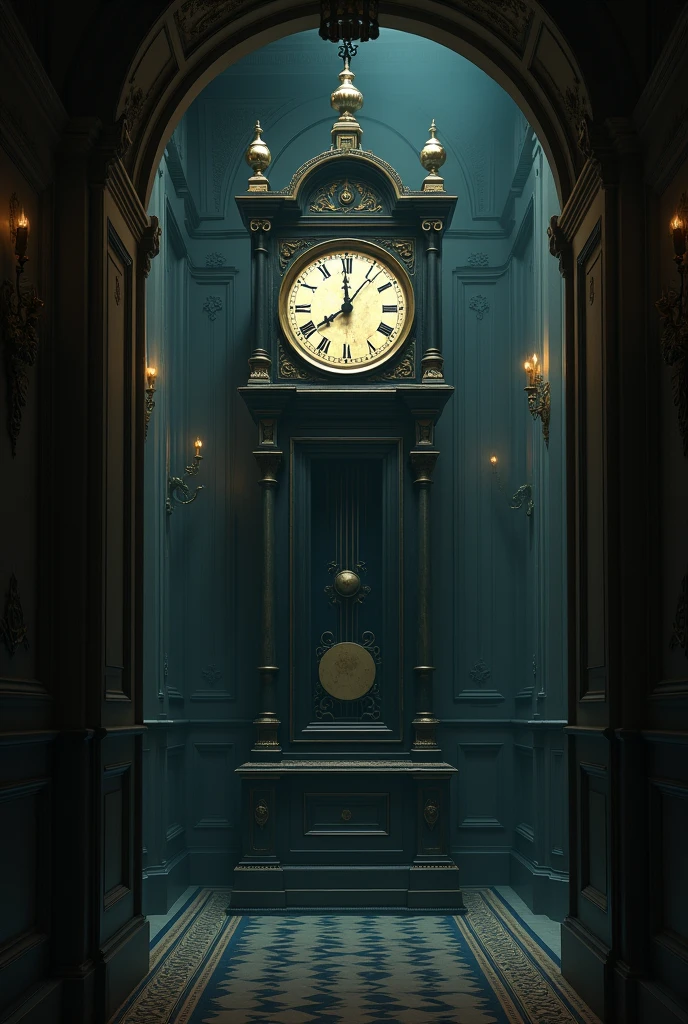 Prompt: A large, old-fashioned clock inside the mansion striking midnight. A subtle, ghostly rustling sound echoes through the dimly lit hallway.