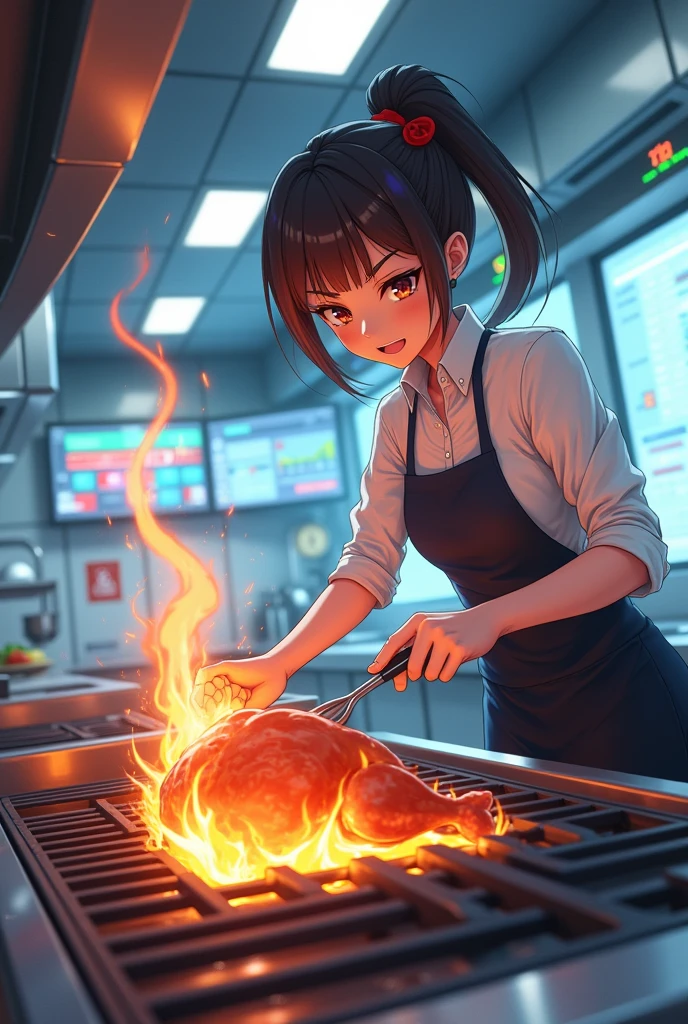 Generate an image of a cooking chicken for a business anime version
