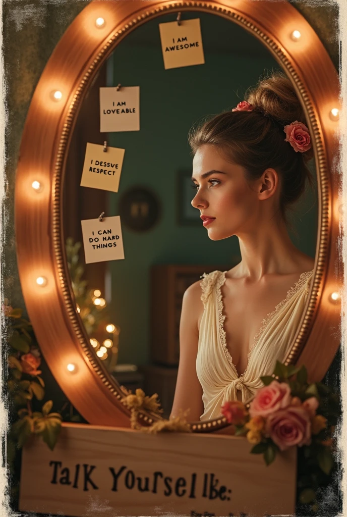 A captivating vintage-inspired photograph with distressed edges, featuring a strikingly beautiful, young woman gazing into an ovalmirror. The mirror is adorned with four sticky notes displaying positive affirmations in bold text, such as 'I AM AWESOME', 'I AM LOVEABLE', 'I DESERVE RESPECT', and 'I CAN DO HARD THINGS'. Fairy lights encircle the mirror, casting a warm glow over the scene. A wooden sign at the bottom of the image reads, "Talk to yourself like someone you love." The woman sports a messy bun hairstyle adorned with flowers, and wears a verdant dress. The room exudes a cozy ambiance, and the overall mood of the image is uplifting and empowering., typography, photo