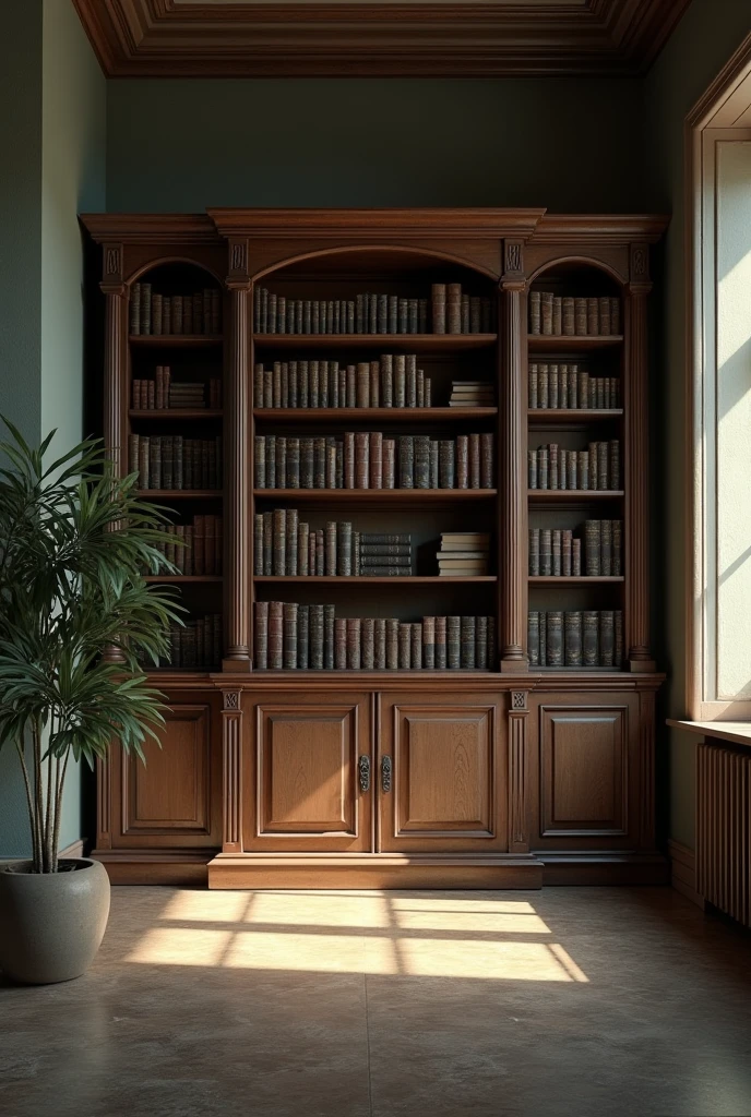 Vintage style. empty roam with book shelf and with light. The year is 2058