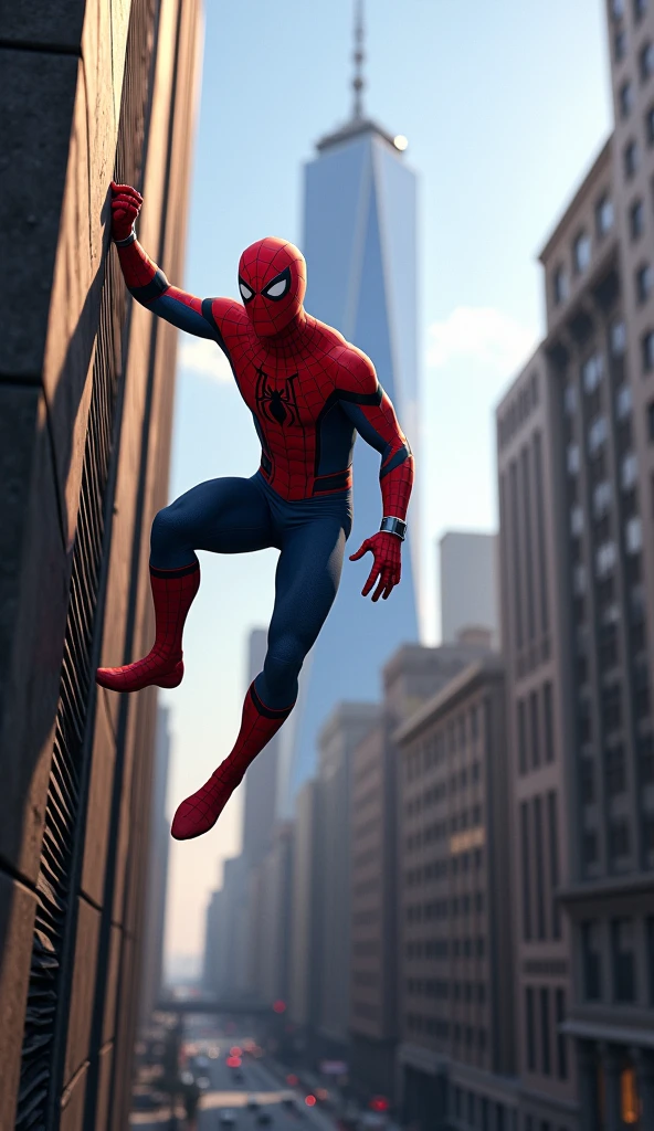 Spiderman standing still on the wall, one hand on the wall, eyes looking around.Spider-Man flies between buildings using webs, natural winding through the air.