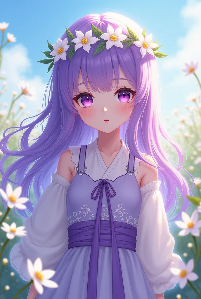 purple hair girl, small girl, one girl, purple wedding dress, face on camera, tight shirt, show large chest, dark isekai, shy girl, pitiful face, face forward to camera, asking pose, pink cheeks, half body, body on big chain, smile, purple eyes, no nails, pink blushes, lying on grass, very big breast, cleavage, wet breast, leg_up, 4k, smooth