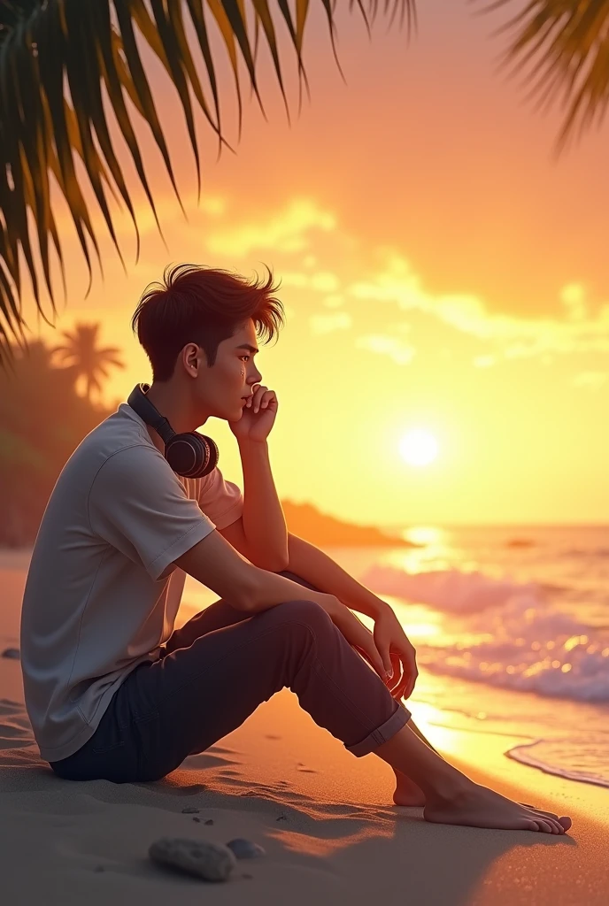 A young man sitting on the beach watching the sunrise with headphones and wiping away tears 