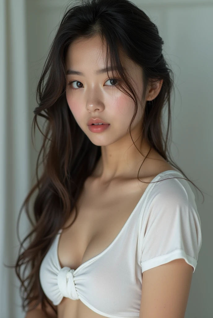 (Best quality, 8k, 32k, Masterpiece, UHD:1.2), NSFW, Korean girl, seductive face, sweating, wet white t-shirt, no bra, indoor, shower, water dripping, front lit, well-lit face, sexy pose, horny looking, wet panties, wet hair