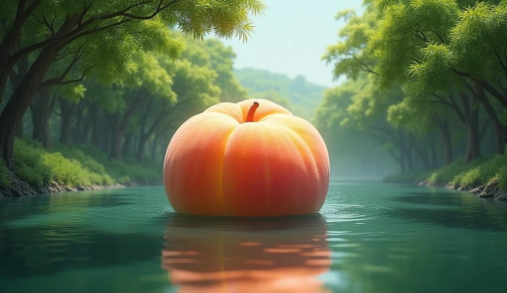 (best quality, masterpiece, ultra detailed, ultra high res, photorealistic, raw photo, absurdres, absolutely resolution), A large peach floats down the river