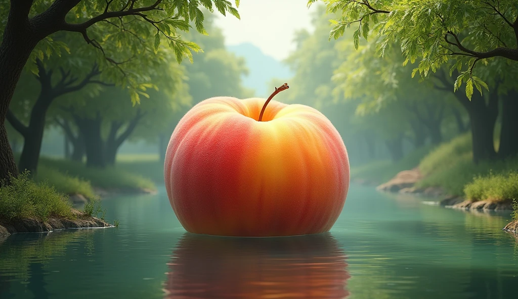 (best quality, masterpiece, ultra detailed, ultra high res, photorealistic, raw photo, absurdres, absolutely resolution), A large peach floats down the river