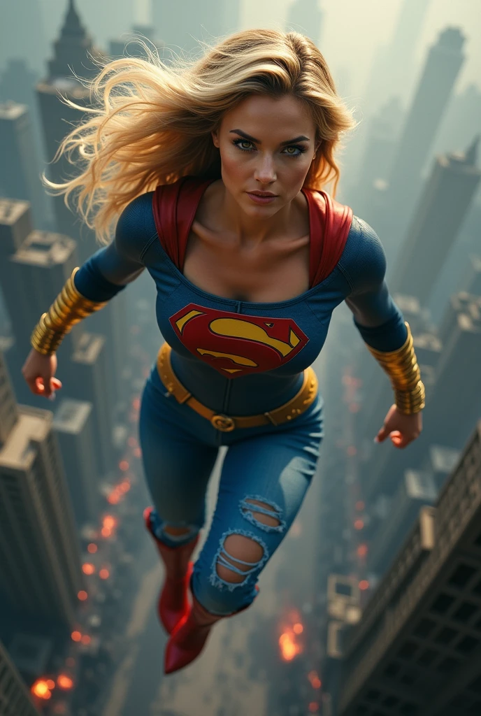 A beautiful woman with long blonde hair wearing a blue leather top with an S emblem on her chest with ripped blue jeans, red boots and golden bracelets flying over a cold and dark apocalyptic city, bloody and scary images