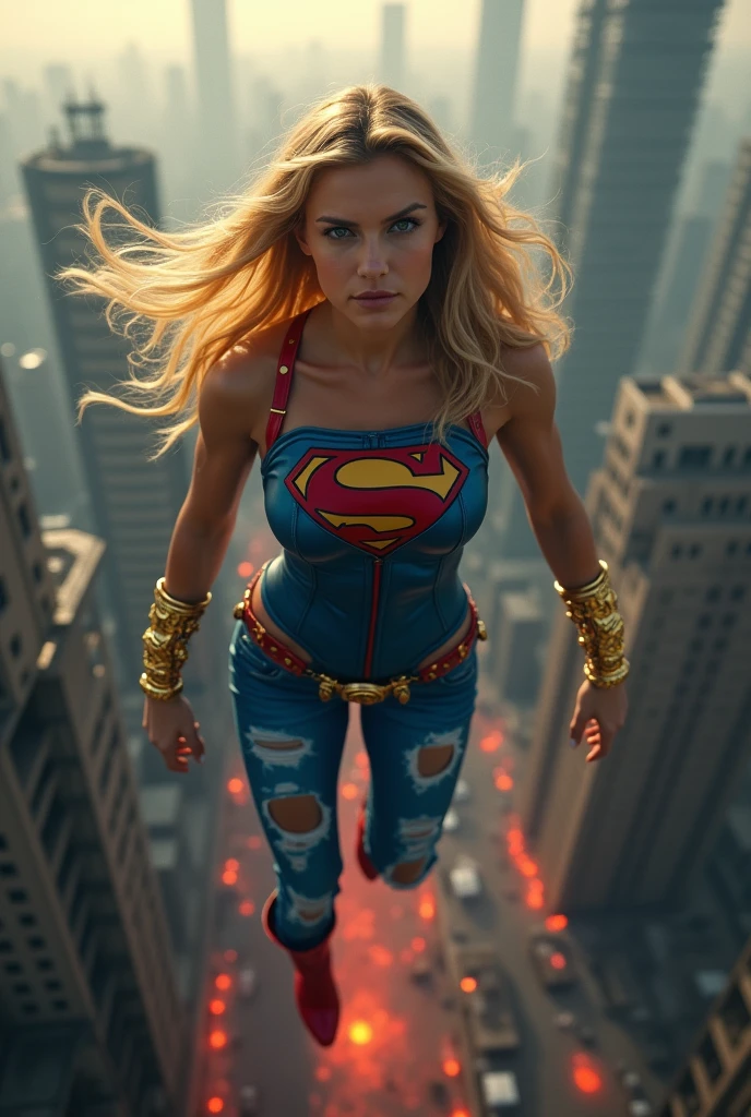 A beautiful woman with long blonde hair wearing a blue leather top with an S emblem on her chest with ripped blue jeans, red boots and golden bracelets flying over a cold and dark apocalyptic city, bloody and scary images