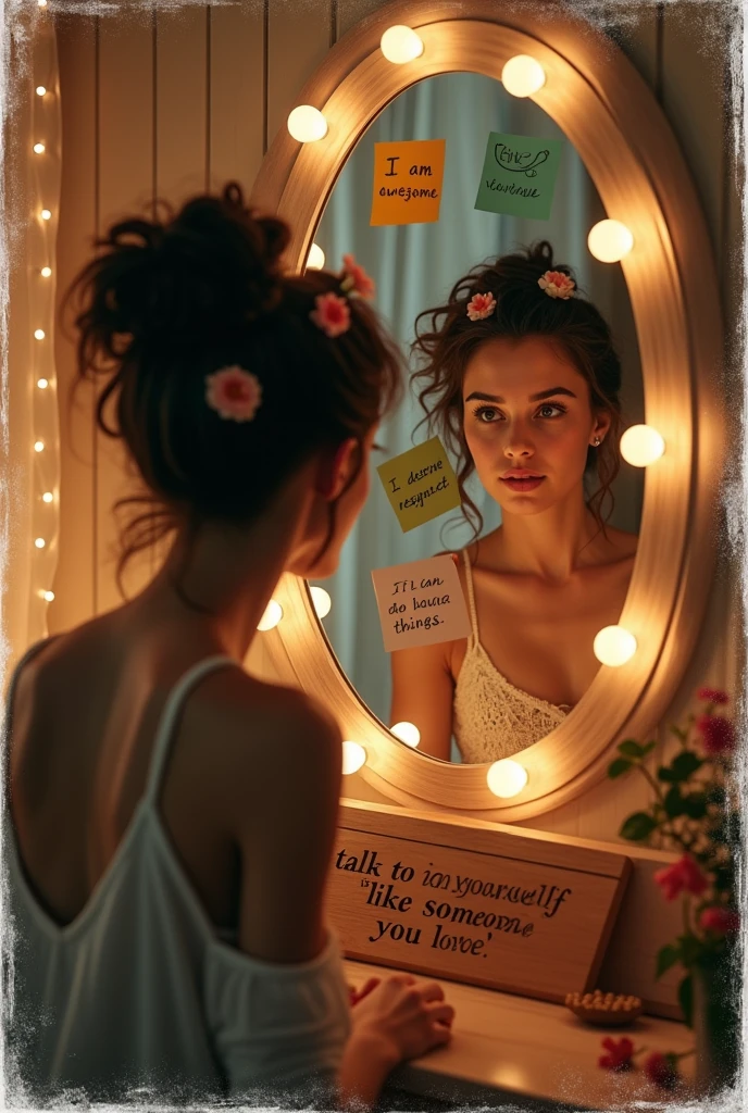 A captivating vintage-inspired photograph with distressed edges, featuring a strikingly beautiful, young woman gazing into an ovalmirror. The mirror is adorned with four sticky notes displaying positive affirmations in bold text, such as 'I AM AWESOME', 'I AM LOVEABLE', 'I DESERVE RESPECT', and 'I CAN DO HARD THINGS'. Fairy lights encircle the mirror, casting a warm glow over the scene. A wooden sign at the bottom of the image reads, "Talk to yourself like someone you love." The woman sports a messy bun hairstyle adorned with flowers, and wears a verdant dress. The room exudes a cozy ambiance, and the overall mood of the image is uplifting and empowering., typography, photo