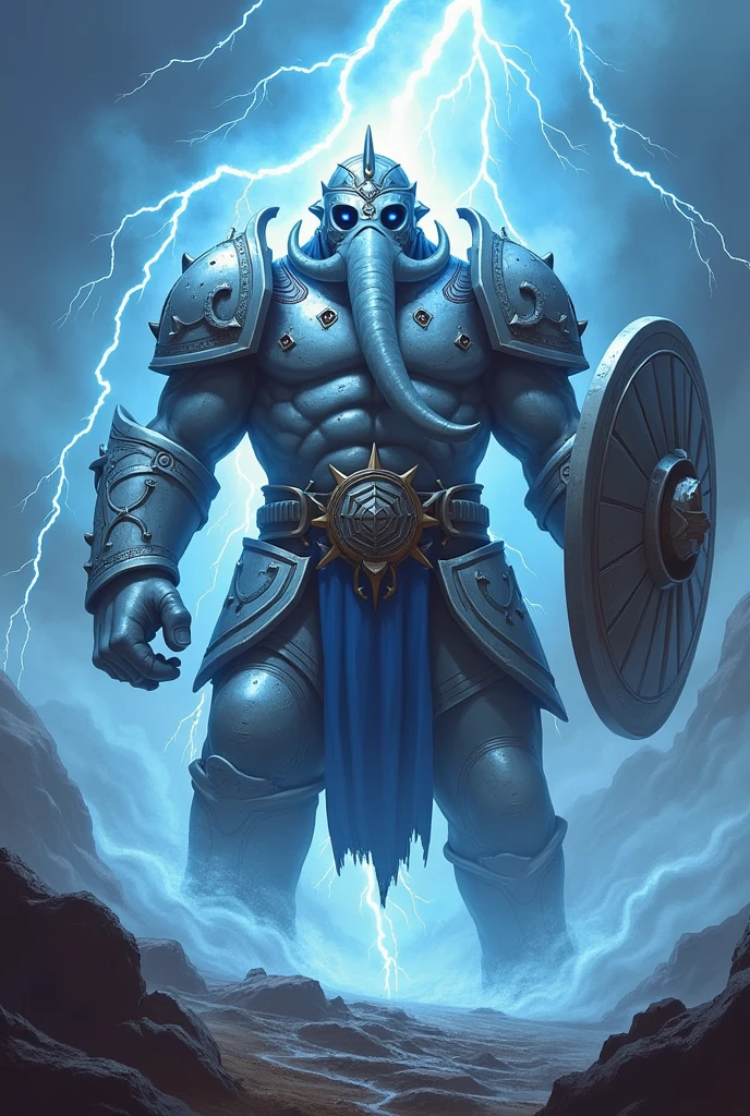 Menacing Tempest cleric loxodon, using a white and blue heavy armor, a helmet, holding a shield and surounded by lightning 