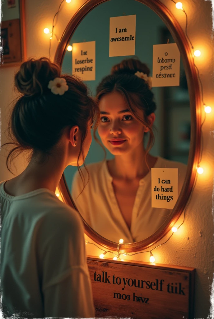 A captivating vintage-inspired photograph with distressed edges, featuring a strikingly beautiful, young woman gazing into an ovalmirror. The mirror is adorned with four sticky notes displaying positive affirmations in bold text, such as 'I AM AWESOME', 'I AM LOVEABLE', 'I DESERVE RESPECT', and 'I CAN DO HARD THINGS'. Fairy lights encircle the mirror, casting a warm glow over the scene. A wooden sign at the bottom of the image reads, "Talk to yourself like someone you love." The woman sports a messy bun hairstyle adorned with flowers, and wears a verdant dress. The room exudes a cozy ambiance, and the overall mood of the image is uplifting and empowering., typography, photo