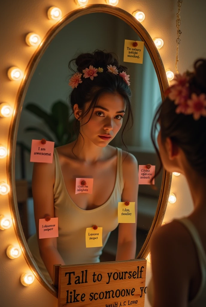 A captivating vintage-inspired photograph with distressed edges, featuring a strikingly beautiful, young woman gazing into an ovalmirror. The mirror is adorned with four sticky notes displaying positive affirmations in bold text, such as 'I AM AWESOME', 'I AM LOVEABLE', 'I DESERVE RESPECT', and 'I CAN DO HARD THINGS'. Fairy lights encircle the mirror, casting a warm glow over the scene. A wooden sign at the bottom of the image reads, "Talk to yourself like someone you love." The woman sports a messy bun hairstyle adorned with flowers, and wears a verdant dress. The room exudes a cozy ambiance, and the overall mood of the image is uplifting and empowering., typography, photo