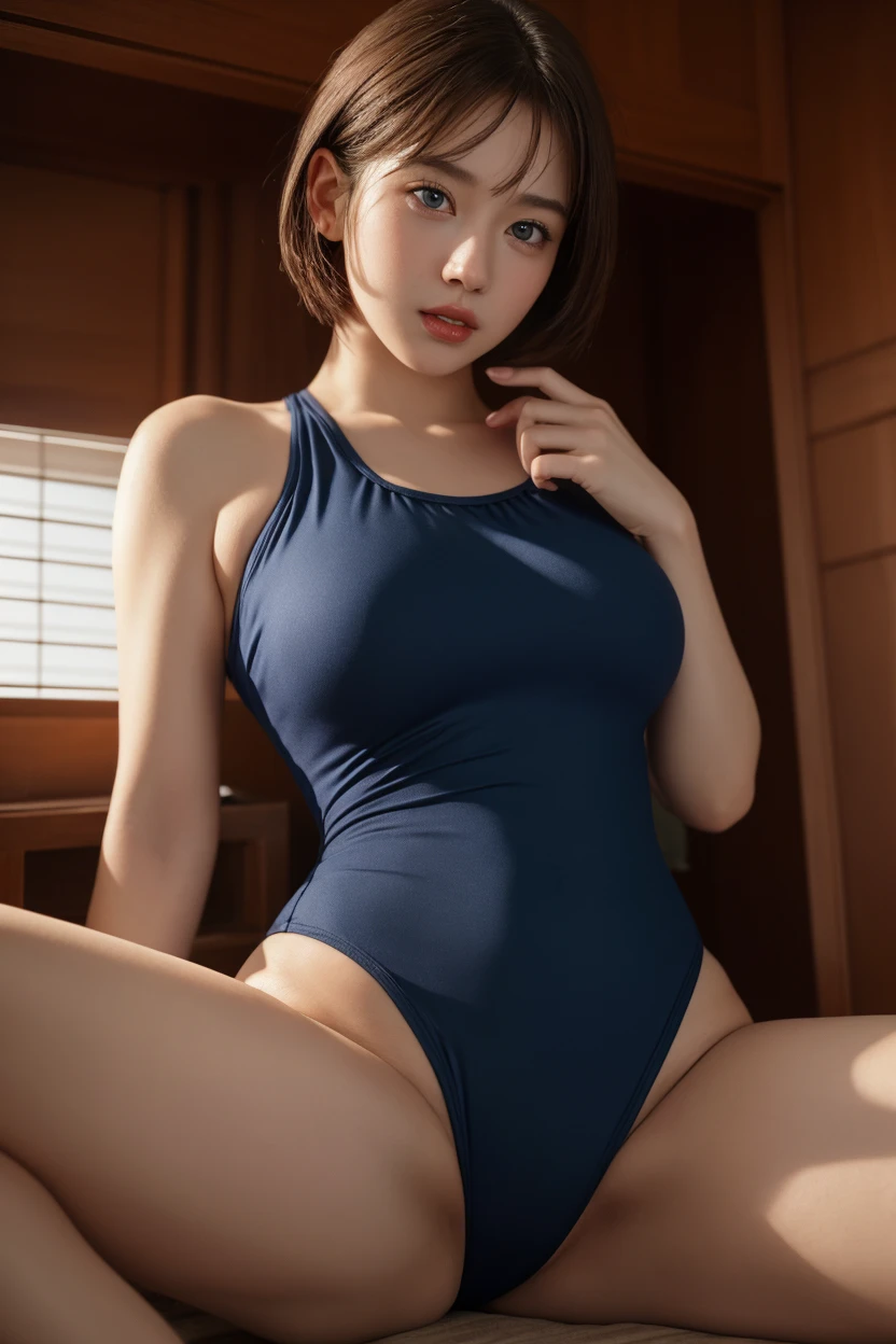 Best quality,tmasterpiece,1girll,red tinted hair,short detailed hair,Blue eyes,There is light in the eyes,shiny skins,sunflare,an award winning photograph, Wide-angle photo of the top of a snowy mountain, morningglow,Healthy body, closeup cleavage, with dynamism, Photorealistic, Realistic, Dramatic, Dark, Sharp focus, 8K,20yr old,fully body photo(top-quality,8K,tmasterpiece:1.3),Sharp focus:1.2,Beautiful Women in Perfect Figure:1.4,The abdomen is slender:1.2,(Layered Hair Style,:1.2),Large breasts 1.3,Lace one-piece swimsuit,(distance:1.2),Moist body:1.1,Very delicate face and skin texture,Detailed eyes,二重まぶた,Raised sexy,marron marron,Real skin,Real eyebrows,Blue eyeballs,perfect proportion of body,Top of a snowy mountain,Exercise posture,looking at viewert,Gaze towards the viewer