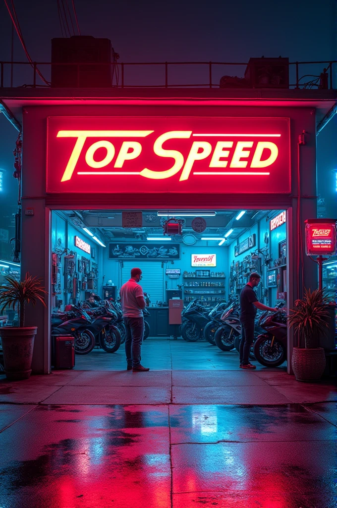 Motorcycle shop with the name Top Speed with lights and neon