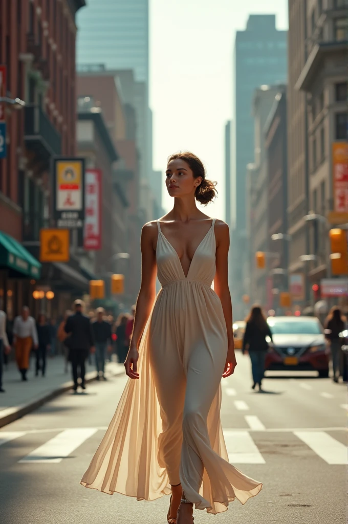 A woman in light clothing walking in New York