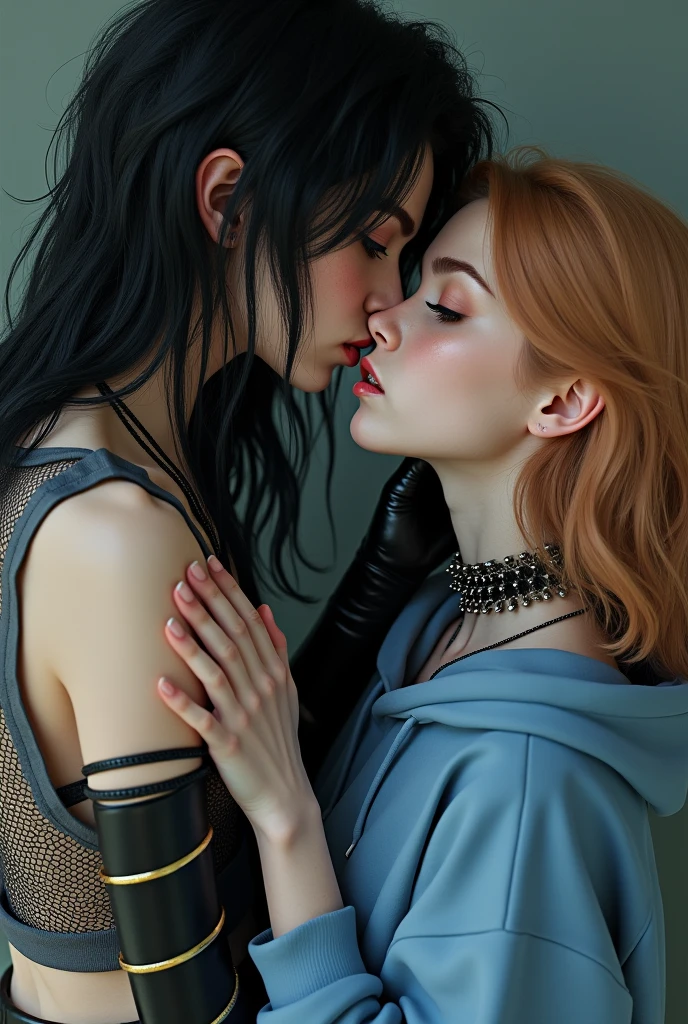 A teenage boy who is pale with really long black hair, down to his butt, and black side bangs. He has dark blue eyes and black bushy eyebrows with. Shape jawline. He is very atta to I’ve and had a mean resting face. He is kissing the neck of a girl who is up to his shoulders. She is pale with a little bit of freckles around nose and cheeks. She has dark blue eyes and strawberry blonde hair that is shoulder length. The boy is wearing a grey fishnet sleeveless crop top with a black spiked choker and black leather gloves, his hand is holding a few of the girl’s hair strands back so he can kiss her neck. The girl is wearing a blue hoodie. She is pretty and has a little bump in her button nose. She has pink plump lips. 