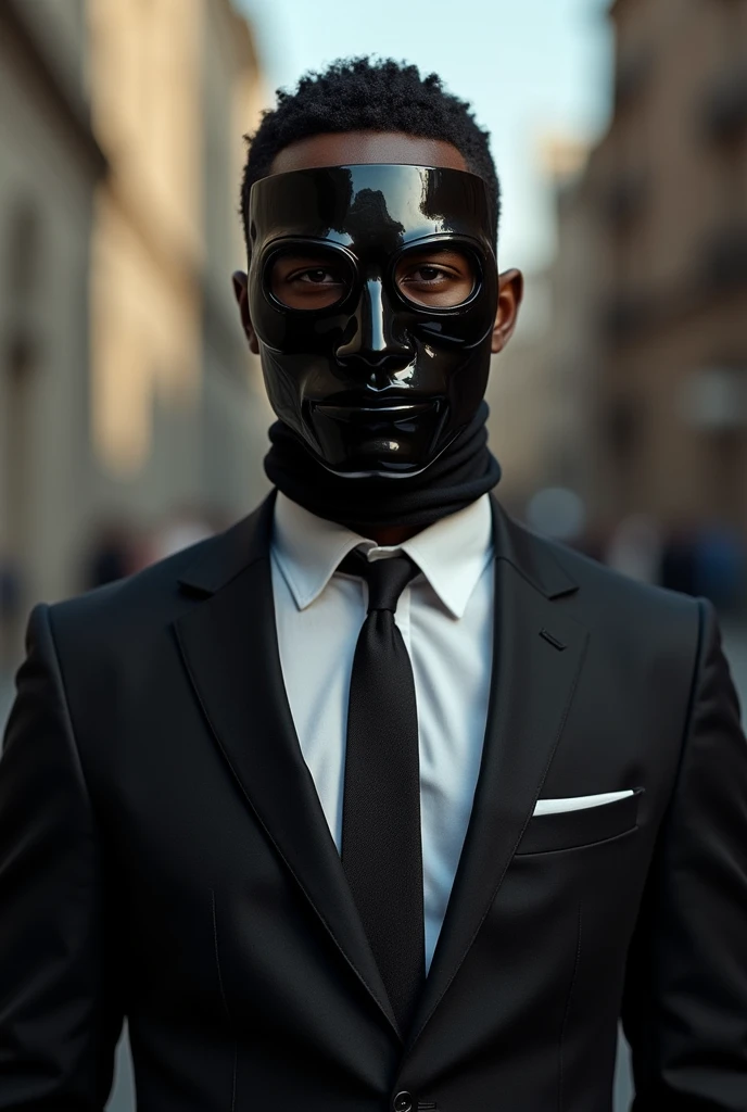 A person with a mask and a tie and who is African