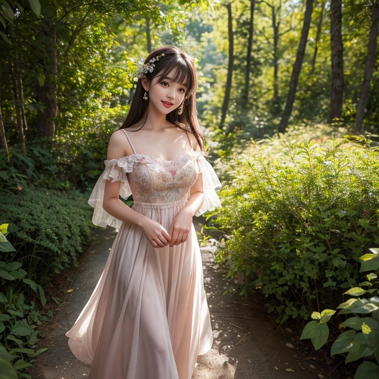 Wear long dresses, princess dress,formal dress,Small dresses,floral dress,elegant,Fairy,heavy dress,gauze skirt dress, puffy skirt, chiffon material,Puff sleeves,High neck,(knee shot), elegant,1 woman, On the face, light brown hair, blunt bangs, hair behind ears, Hair over the shoulders, long hair, Slender body type, Super thin face, face slimming, delicate lips, beautiful eyes, Thin blush, Eyes are light brown,Check it out here, (realistic:1.3), in the coniferous forest, One person's perspective, 8k, Super detailed, high quality, best quality, High resolution,(masterpiece))、(top quality)、8k、high detail、Super detailed,masterpiece、born、Intricate details and complex designs、Beautifully、magic、capricious、 Beautifully、Dream aesthetics、「𝓡𝓸𝓶𝓪𝓷𝓽𝓲𝓬、ethereal、charming、fickle、magic」、Realism、Visual effects、FXAA、SSAO、Shaders、voiceless、ambient lighting、Tone mapping、High resolution、Ultra high quality、Million pixels、(8k resolution:1.10)、8k、Below 8K、8k resolution、high detail、intricate details, (high quality:1.2、masterpiece:1.2、:1.21)、(3 female:1.21)、(Smile excitedly)、(full-body shot,Normal 2 feet,Put your hands behind you,The protrusion of the breast is visible when wearing clothes, Large Breasts, H cup chest, No breasts,high-neck dress