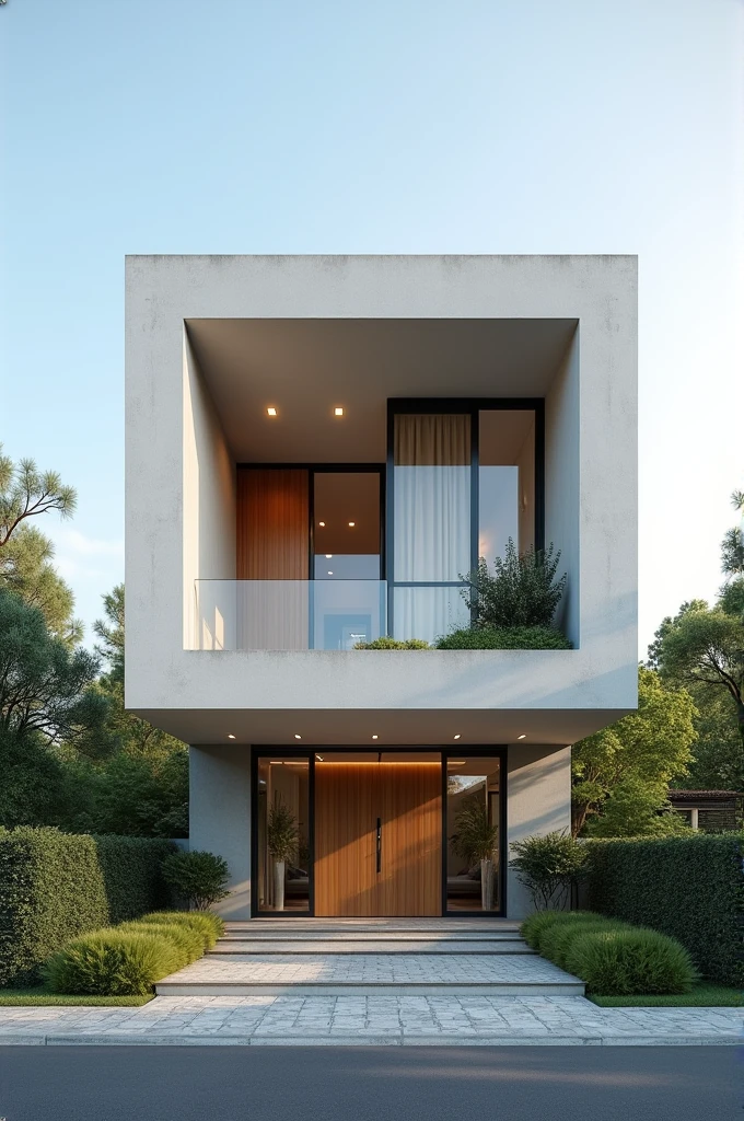 Two-story square house and the balcony walls form a triangle that sinks inward