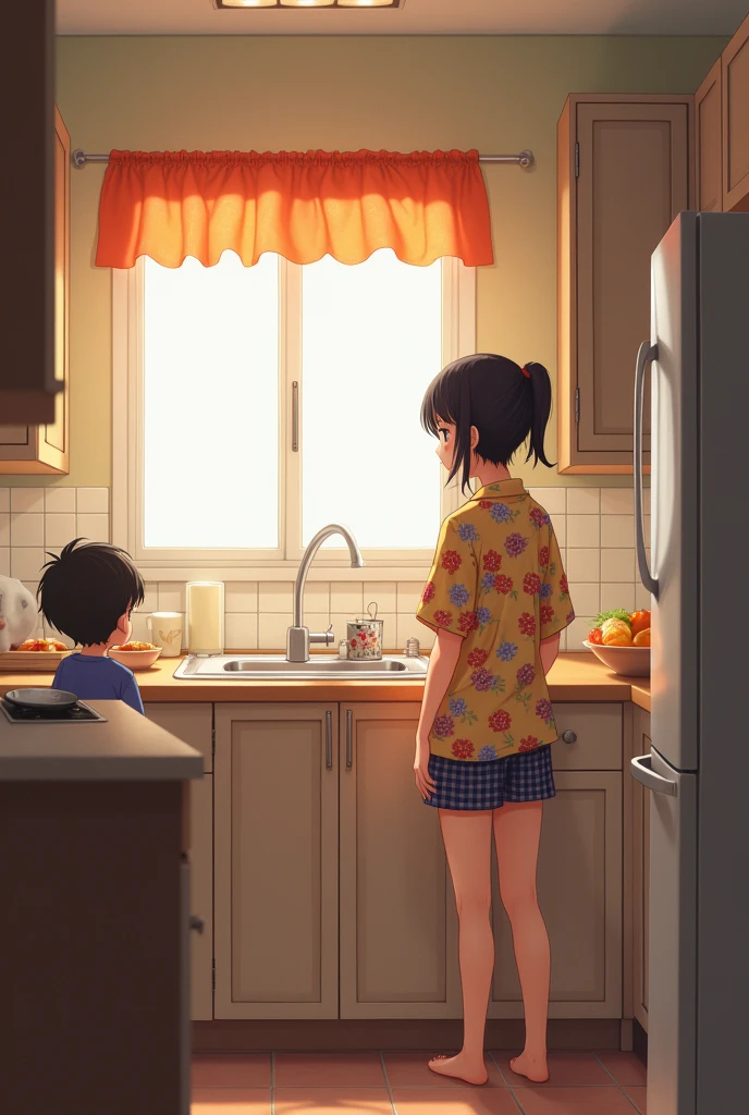 a futanari mother in a flowery shirt and short shorts is in the kitchen, facing the sink, is making breakfast for his son
