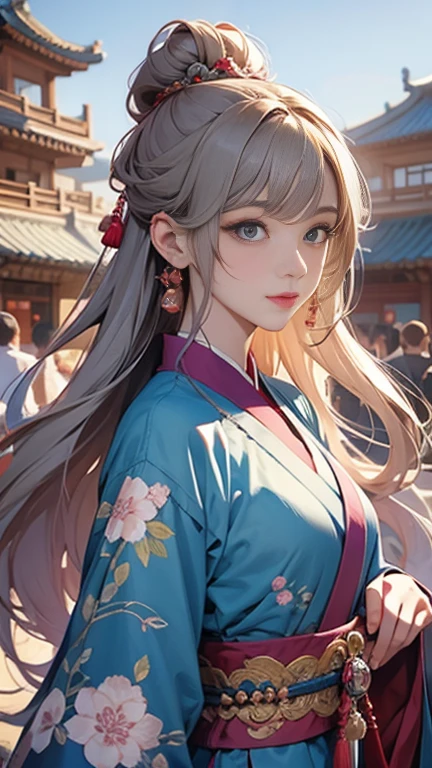 ( High resolution、 Very detailed)、masterpiece、Highest quality、High resolution、8k、Detailed Anime、Tang Dynasty Buildings、Tang Dynasty China、Tang Dynasty China、Young and beautiful woman、Beautiful Face、Beautiful Face、Pretty lips、Hanfu、(whole body)、Light colored round bun、Smiling Eyes、walk、Cowboy Shot、background、Tang Dynasty Buildings、The Chinese city of Chang'an during the Tang Dynasty、Plum blossom、river view、Riverside city lights、Lantern Light、Detailed CG、