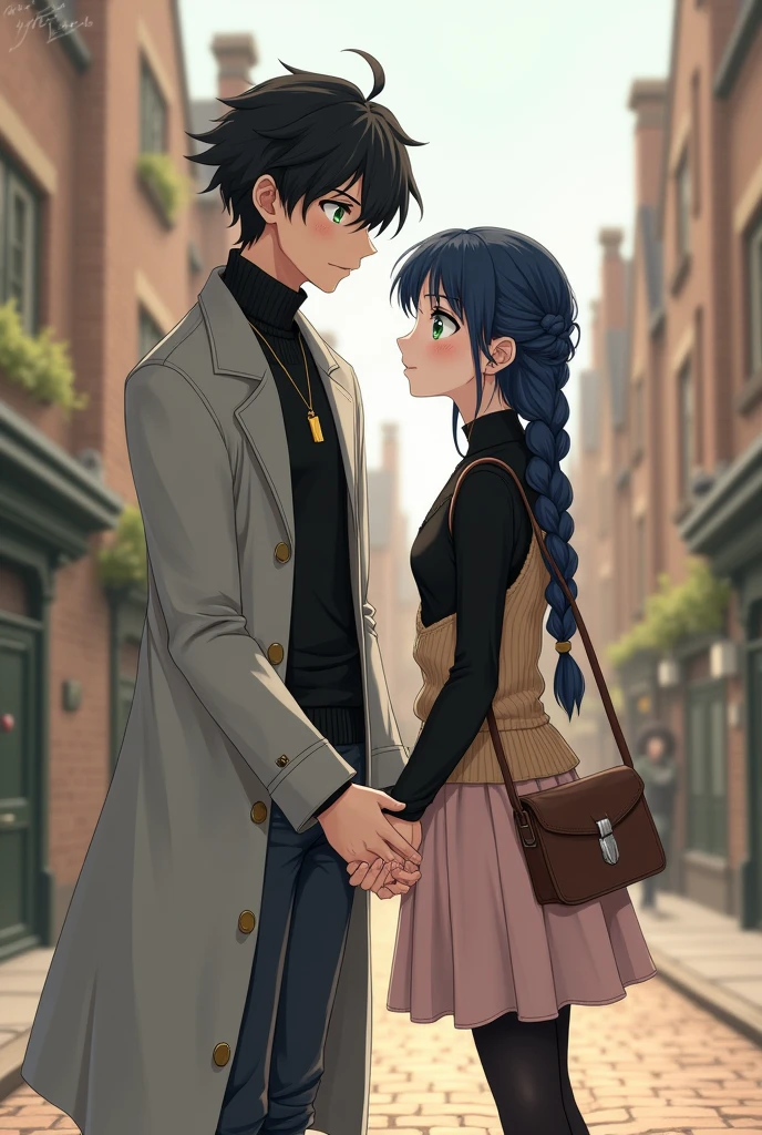 Tall teenager with fluffy black hair,Pale skin,green eyes, He has dark circles, Her hair covers one of her eyes and also her ears., He wears a black turtleneck sweater, light grey coat, dark grey pants and black shoes,wear a gold pendant, He is holding hands with a teenage girl with navy blue hair that is braided into a single braid,green eyes con pecas en el rostro, Pale skin, pink lips, of average height, wears a black long-sleeved v-neck shirt, pale pink somewhat short skirt, black stockings, brown boots, a light brown cardigan sweater, a silver-colored pendant and a light brown crossbody bag, The girl smiles warmly while the boy has a slight smile, They are located in a British city during the year 1720, anime style