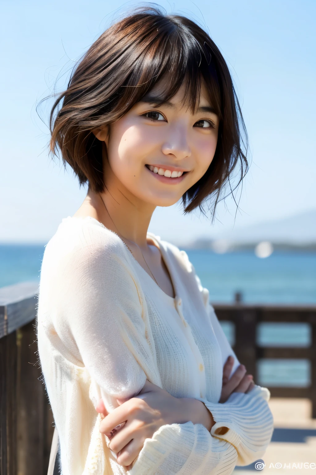 ((1girl)),((masterpiece)),((high quality)),photo of japanese woman,short hair,windy,smile