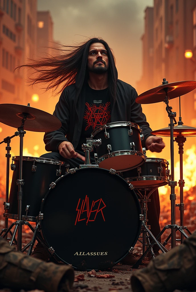Half fat drummer, longye hair, goatee, hooded dress, blouse with print of the band Slayer symbol, playing on his complete black two-tone drum kit, in the street of the war-torn city and in flames at night, bodies of dead soldiers lying on the ground, smoke