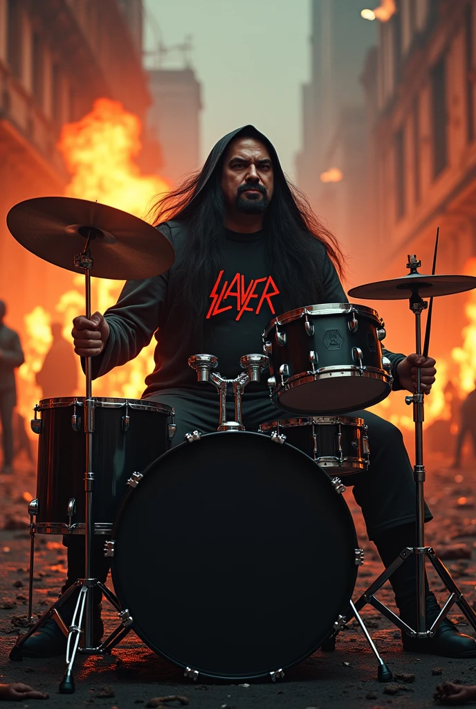 Half fat drummer, longye hair, goatee, hooded dress, blouse with print of the band Slayer symbol, playing on his complete black two-tone drum kit, in the street of the war-torn city and in flames at night,  bodies of dead soldiers lying on the ground, smoke 