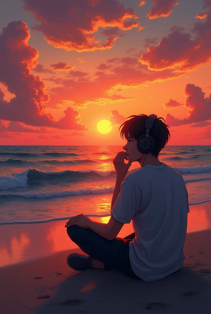 A young man sitting on the beach watching the sunset with headphones and wiping away tears