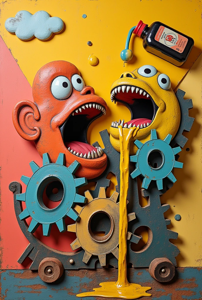 Generates a style image "collage" of a gear system on a cheerful background being sprayed by a bottle of oil above, The gears have INTERACTIVE HUMAN mouths in the middle and they open AS the oil flows down the outside of the gears themselves.. It's in style "collage" I.E. IT SEEMS THAT EVERYTHING WAS STICKED WITH SCISSORS. ESTILO collage