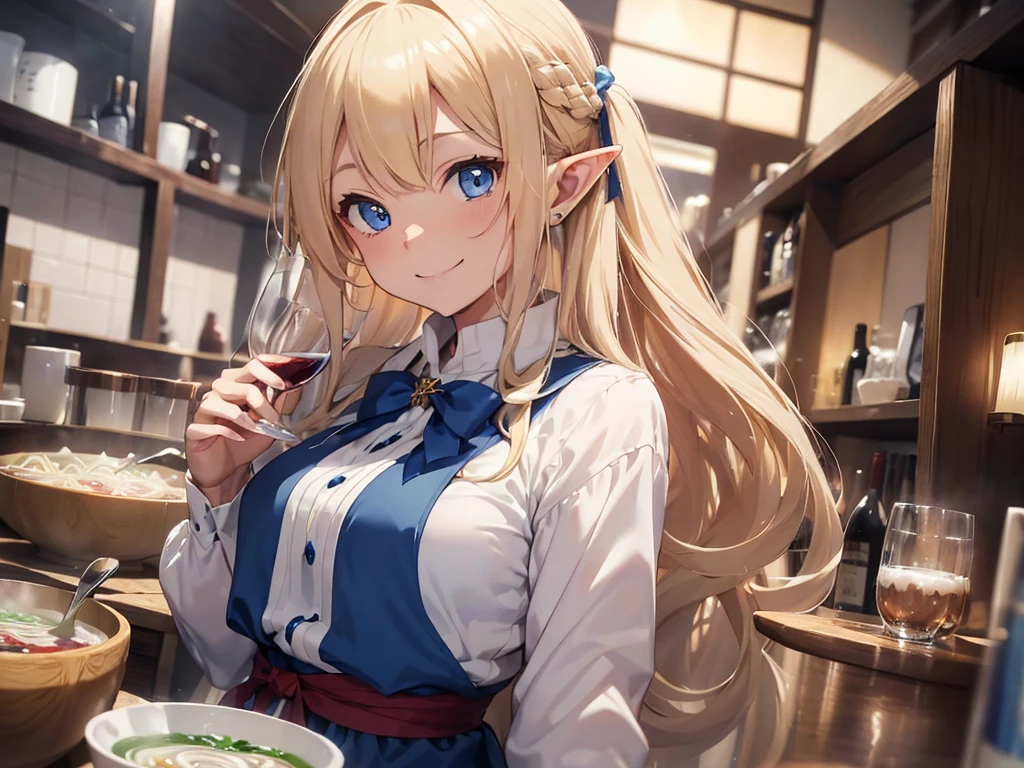 one Blonde long hair elf, She is wearing a white blouse、((Blue eyes)), ((smile)), (Glass of red wine), ((カップラーメンを食べている)),