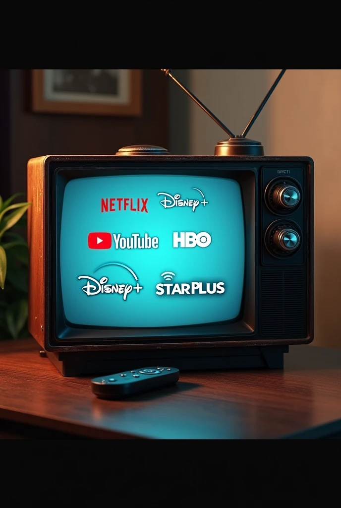 an old tv without antenna with netflix logos, you tube, Disney plus, HBO, star plus. put a tv box on the side

