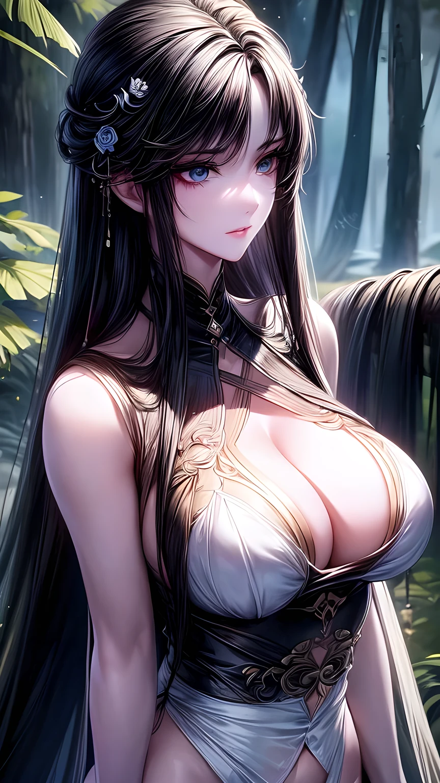 (Surreal) , (illustration), (Improve resolution), (8K), (Extremely detailed), (best illustration), (Beautiful and delicate eyes), (best quality), (Extremely detailed), (masterpiece), (wallpaper), (Delicate face), 1 girl, Black straight hair, slim body, Fine details, in the darkness, Deep Shadows, Low profile, Purebred face_v1, a happy expression, Summer Clothing, Fall, Rainforest,Large Breasts,Big ,Sexy,Cool outfit。