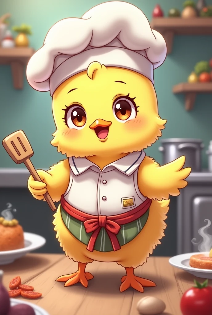 Generates an image of a chick in chef clothes anime version