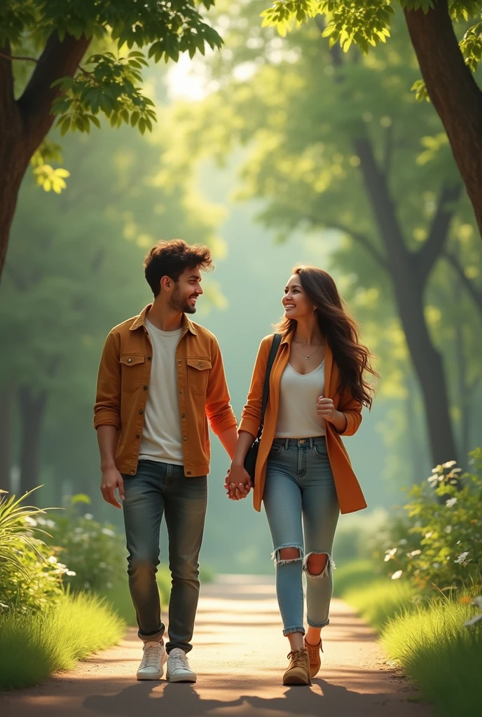 A young couple in love walking through a park that looks realistic, a boy and a girl laughing 