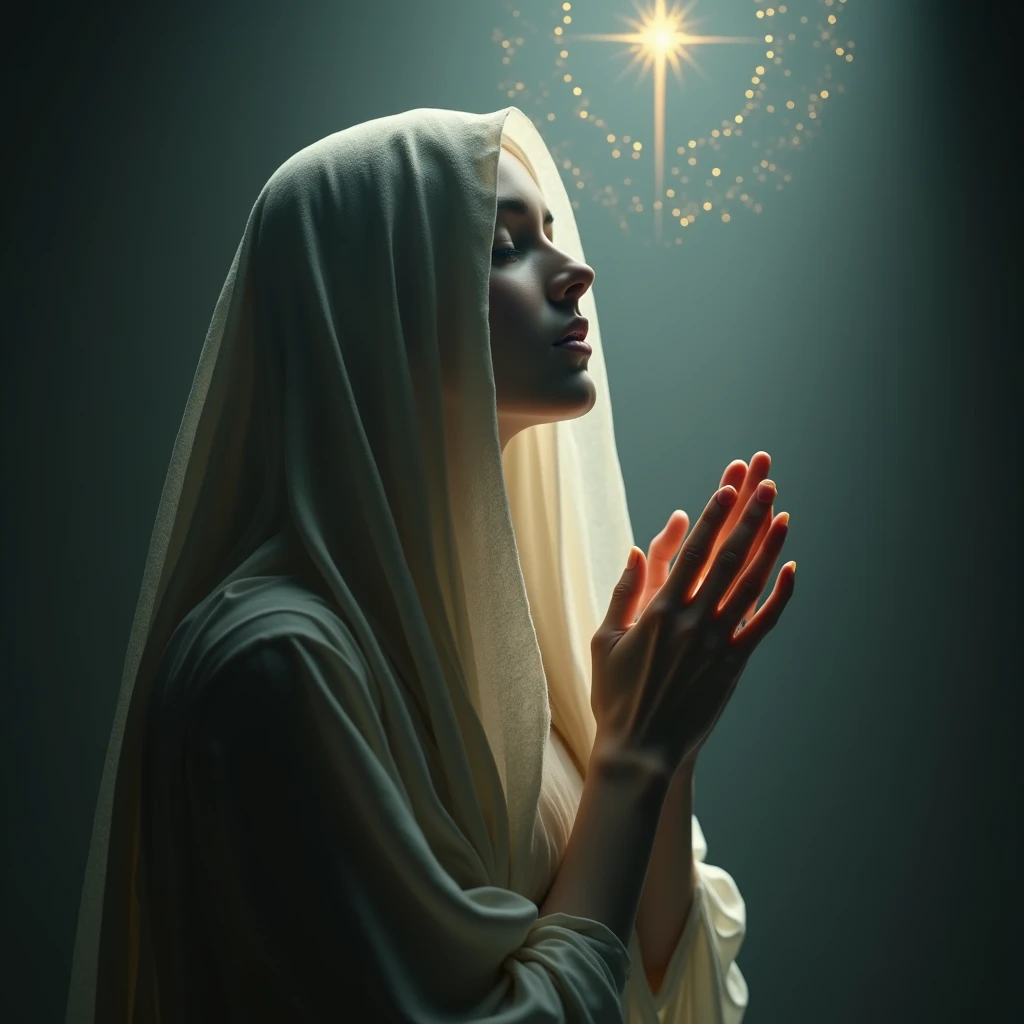 Veiled woman praying to Venus in the light、Light shining from the sky、High resolution, Long Hair, masterpiece, Anatomically correct, Winner of numerous awards, 最高quality, 高いdetail, detail, quality, 高quality, Ultra high definition, goddess、Worship of the symbol of beauty、Offer a prayer、Sparkle Effect, Lens flare, 8k octane, Artistic, Gothic art,