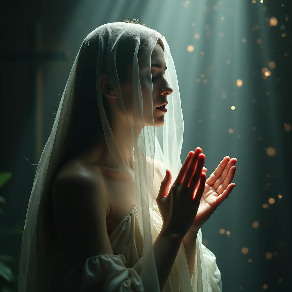 Veiled woman praying to Venus in the light、Light shining from the sky、High resolution, Long Hair, masterpiece, Anatomically correct, Winner of numerous awards, 最高quality, 高いdetail, detail, quality, 高quality, Ultra high definition, goddess、Worship of the symbol of beauty、Offer a prayer、Sparkle Effect, Lens flare, 8k octane, Artistic, Gothic art,