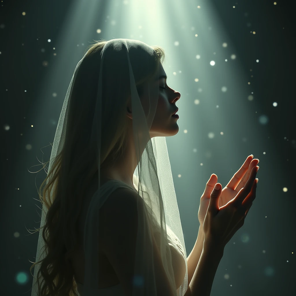 Veiled woman praying to Venus in the light、Light shining from the sky、High resolution, Long Hair, masterpiece, Anatomically correct, Winner of numerous awards, 最高quality, 高いdetail, detail, quality, 高quality, Ultra high definition, goddess、Worship of the symbol of beauty、Offer a prayer、Sparkle Effect, Lens flare, 8k octane, Artistic, Gothic art, 
